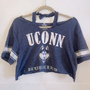 Custom Cropped Heather Blue Uconn Huskies Halter Neck Short Sleeve CropTop